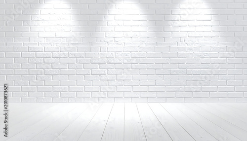 High-end minimalist background with a clean white painted brick wall and a light wooden floor illuminated by spotlights from above
