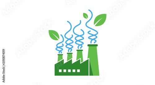 Eco friendly industrial factory with green leaves and DNA strands