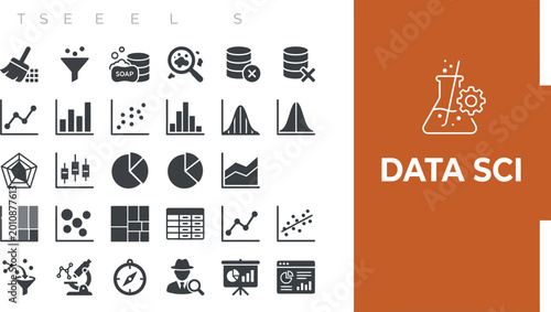 Data science icons represent analytics and research in a set.
