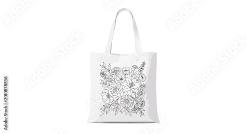 A white tote bag with a floral design.