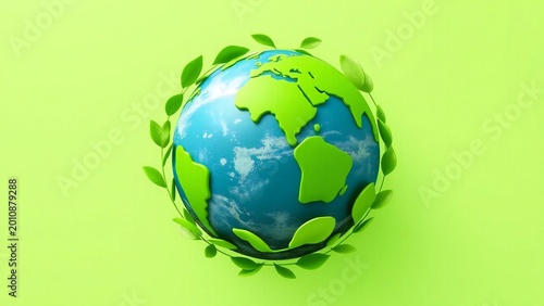 Earth shaped egg surrounded by green leaves on a bright green background