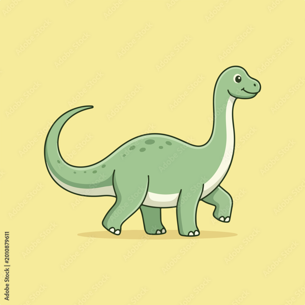Fototapeta premium Cute cartoon green dinosaur walking on light background.