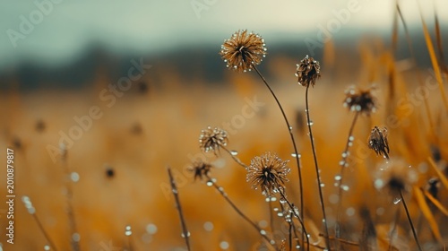 Dandelion seeds cling to thin stalks in a grassy field while morning dew drops glisten under the soft light.