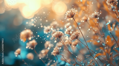 Wildflowers bloom in a meadow during a soft focus afternoon while glowing particles float in the warm light.