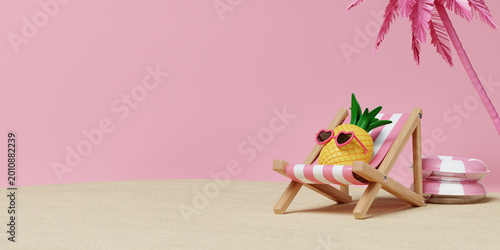 3D rendering of Cute pineapple in sunglasses relaxing on beach chair for summer vacation