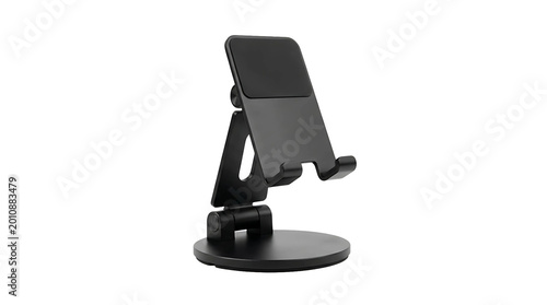Black smartphone holder stand isolated on transparent background, modern phone stand mockup for mobile display.