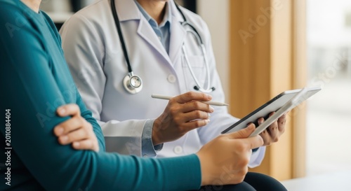 Doctor and patient discussing health on tablet in clinic