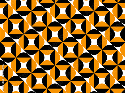 geometric pattern with interlocking quadrants in orange, black, and white