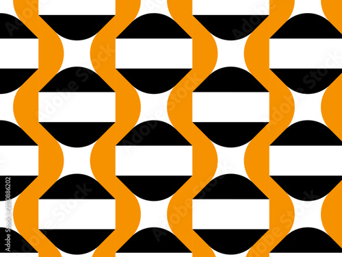 Seamless Geometric Pattern with Wavy Orange Lines and Black and White Shapes