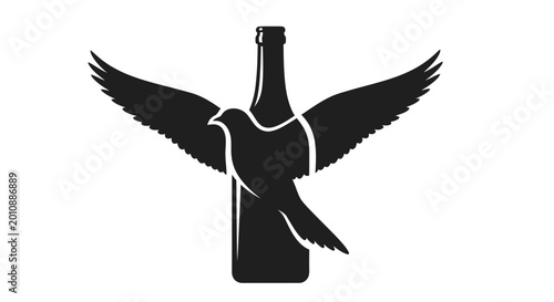 Obraz na płótnie Silhouette Bird Flying Around Bottle, Freedom Symbol, Release Concept, Black and