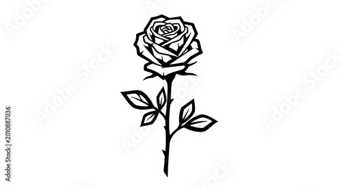 Single Black and White Rose with Stem and Leaves