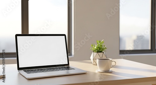 Modern silver laptop with a blank white screen sits beside a small green plant and a steaming ceramic coffee mug