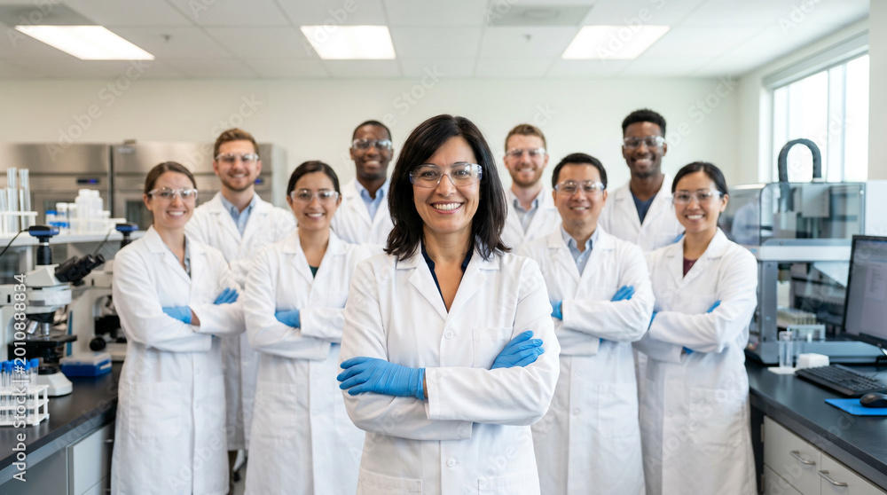 Fototapeta premium Confident female scientist leading diverse research team in modern laboratory, standing among advanced equipment, showcasing innovation, teamwork, healthcare, biotechnology and professional excellence
