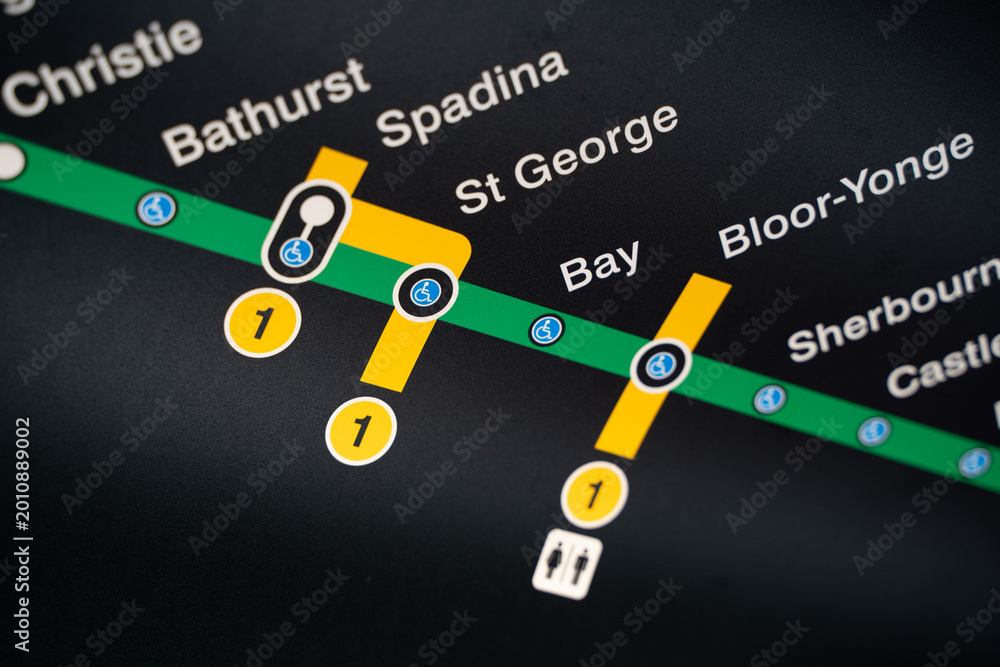 Obraz premium Close up of TTC subway map showing Spadina and St George stations. Toronto, Canada - May 4, 2026.
