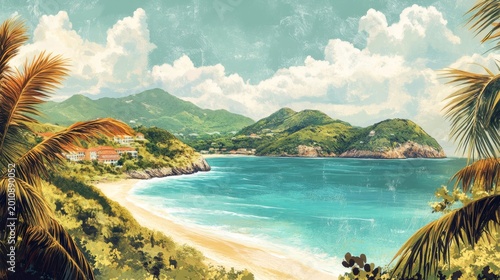 Saint Martin island Poster Illustration Travel Print Decor Gift Paper Canvas Wall Retro Art