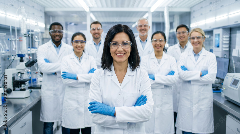 Fototapeta premium Confident female scientist leading diverse research team in modern laboratory, standing among advanced equipment, showcasing innovation, teamwork, healthcare, biotechnology and professional excellence