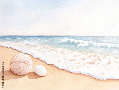 A tranquil watercolor painting depicting a serene beach sunrise with soft waves gently lapping the sandy shore evoking a sense of fresh beginnings and peaceful relaxation