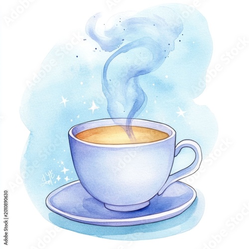 Captivating watercolor painting depicting a warm steaming cup of herbal tea with delicate wisps of steam rising to create an atmosphere of soothing tranquility and calming comfort