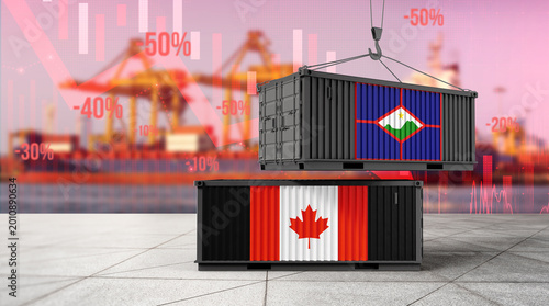 Tableau sur toile Global Trade Dynamics: A dynamic visual representation, highlighting the ebb and flow of international commerce through the depiction of shipping containers, each adorned with a nation's flag