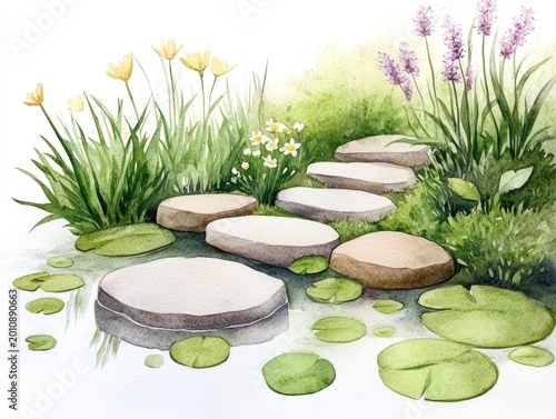 Serene Watercolor Garden Landscape with Meandering Pathway Stepping Stones Tiny Waterfalls and Blooming Flowers in a Tranquil Mindful Setting
