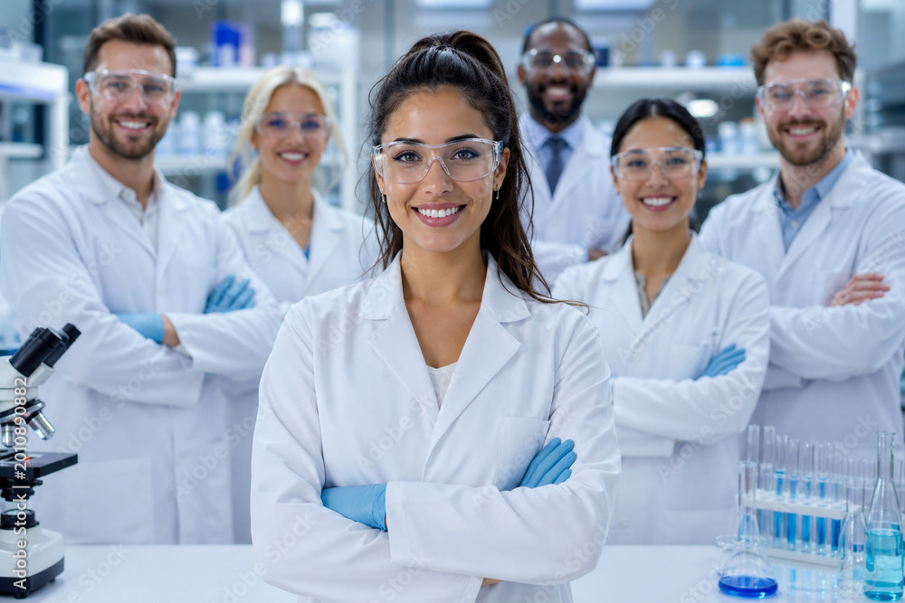 Fototapeta premium Confident female scientist leading diverse research team in modern laboratory, standing among advanced equipment, showcasing innovation, teamwork, healthcare, biotechnology and professional excellence