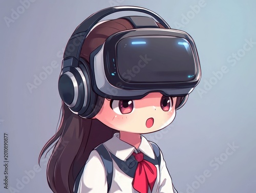 of a cute chibi style student character wearing a virtual reality headset representing the concept of futuristic education and virtual learning