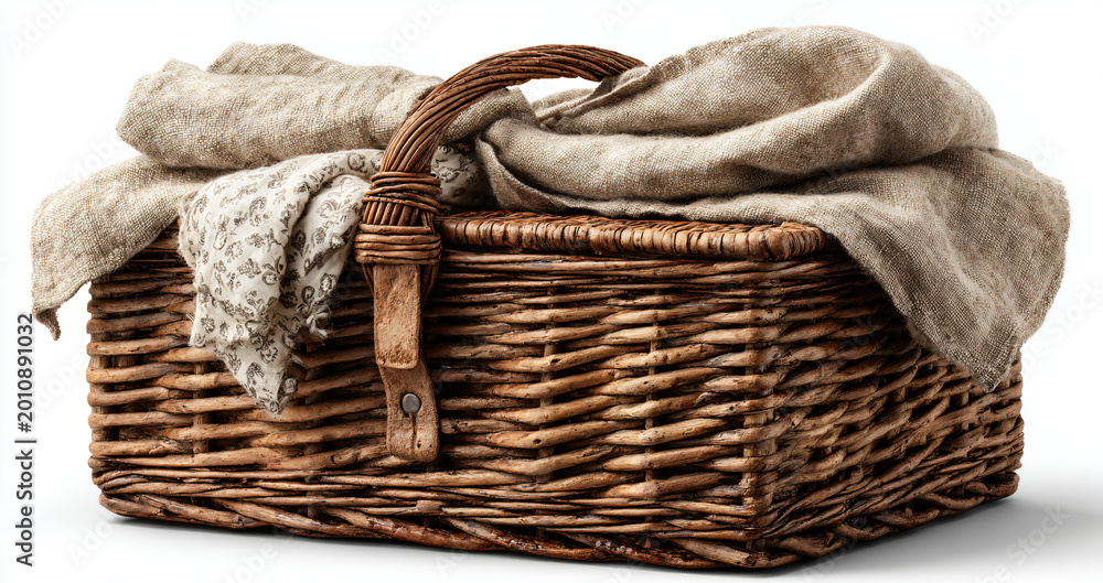 Obraz premium woven wicker basket with burlap cloth isolated on transparent background