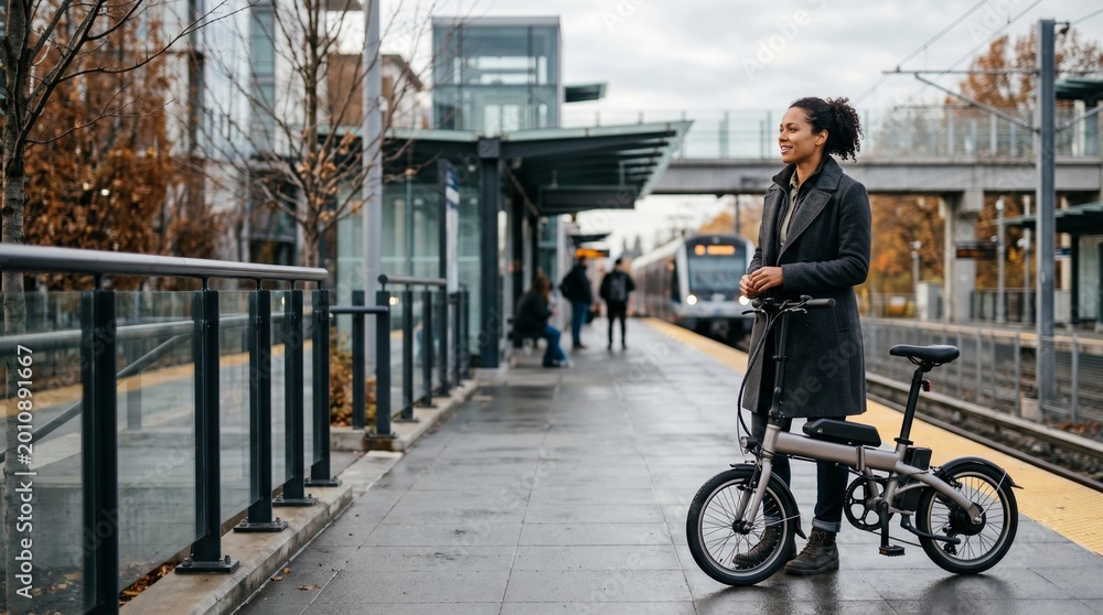 Fototapeta premium Young woman with a folding electric bike waiting on a train station platform