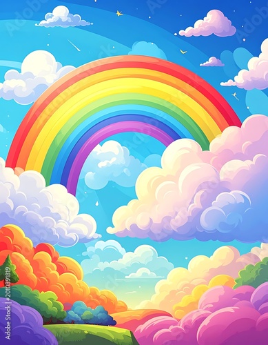 Vibrant rainbow in cloudy sky scene.