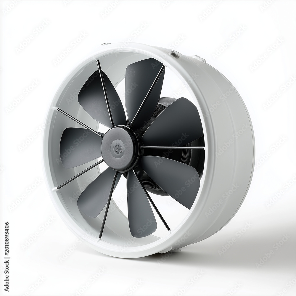Fototapeta premium White industrial ventilation fan with gray blades isolated on white background