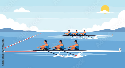 Two teams of professional rowers compete in a synchronized race on a calm blue lake during a bright sunny day with a visible finish line.