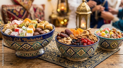 Traditional Middle Eastern Ramadan Iftar Feast with Sweets Pastries Dates and Tea