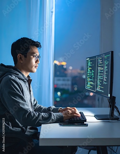 Young man working on computer late.