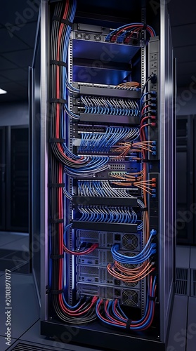 Server rack with colorful cables in data center, network equipment, technology infrastructure, organized wires