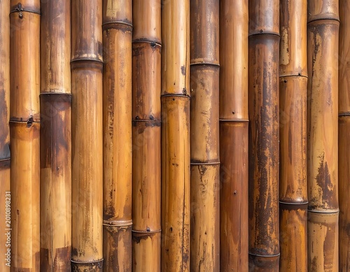 A close-up of many brown bamboo poles stacked together
