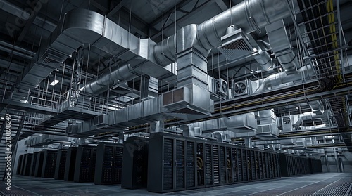 Massive server racks and complex ventilation systems in a modern data center creating a powerful technological infrastructure for digital operations