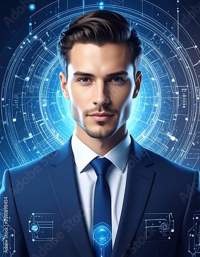 A man in a blue suit with a futuristic background