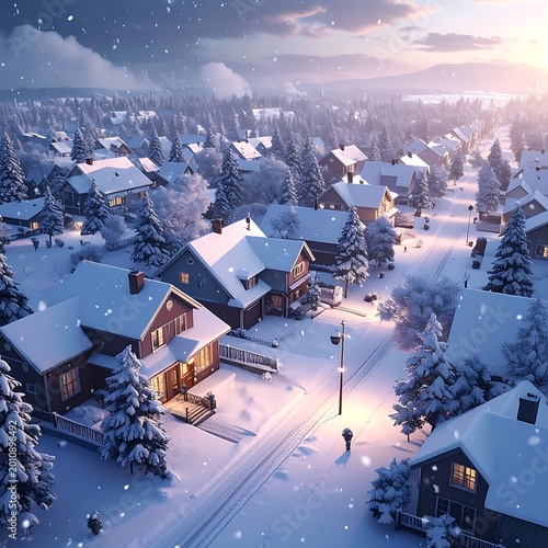 Snowy village scene with houses and trees