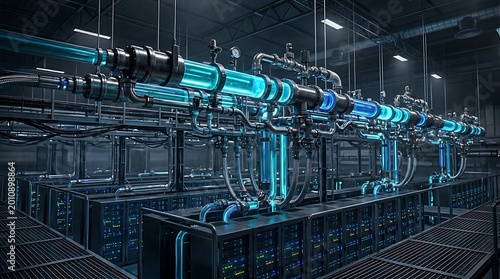 Advanced data center with glowing blue liquid cooling pipes and server racks representing futuristic technology and high performance computing