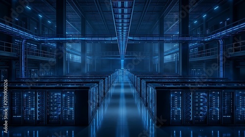 Modern data center interior with rows of illuminated server racks and blue glowing lights representing technology and digital infrastructure.