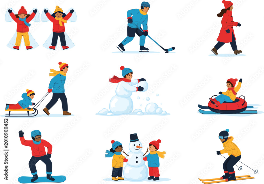 Fototapeta premium Winter outdoor activities collage with ice skating activities illustration sledding snowboarding children recreation happiness activity isolated collection wintertime recreational