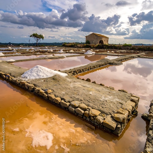 A serene salt farm landscape with shallow pools