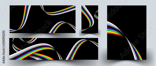 LGBTQ+ Progress Pride rainbow waves black background set. Vector EPS10