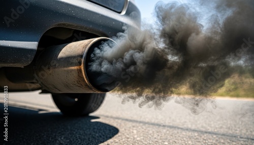 Close-up of a vehicle's exhaust pipe expelling dense, dark smoke, illustrating automotive pollution.