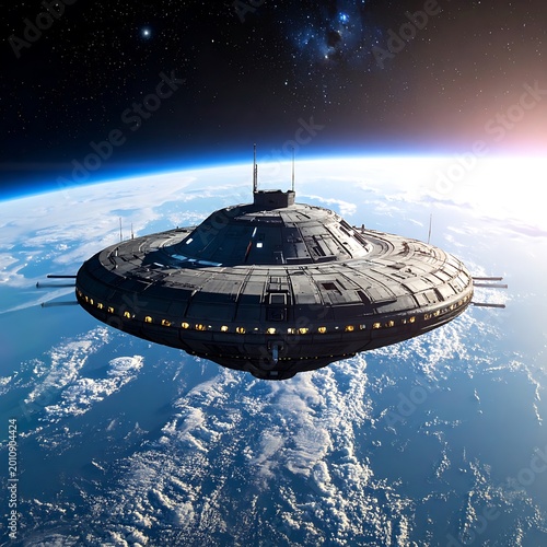A futuristic spaceship hovers above a stunning view of Earth