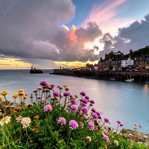 Vibrant flowers by serene coastal town.
