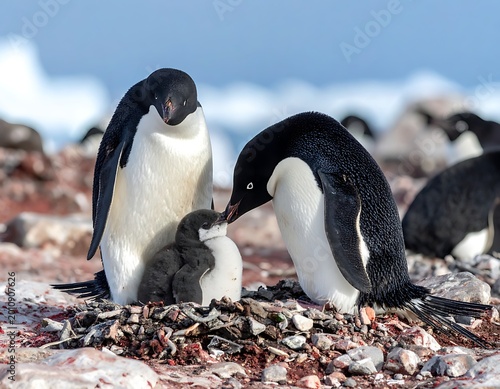 Penguins and chick on rocky ground.