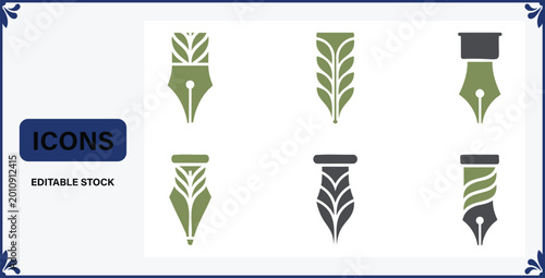 Canvastavla Collection of six modern elegant fountain pen nib icons in green and gray on whi