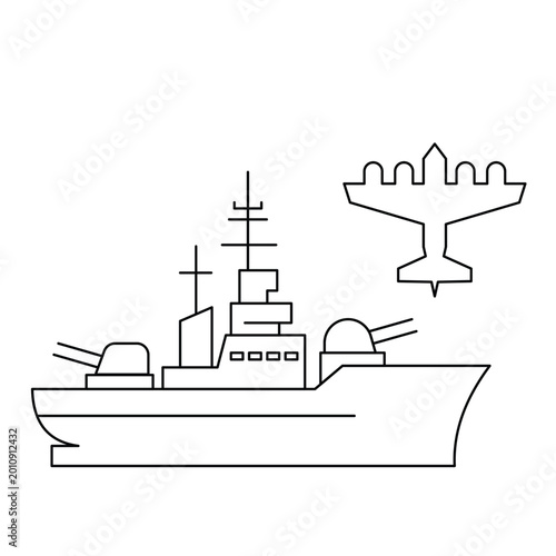 Warship and military bomber plane icon in thin line style.Editable stroke, Vector illustration, Line art Icon, Symbols.