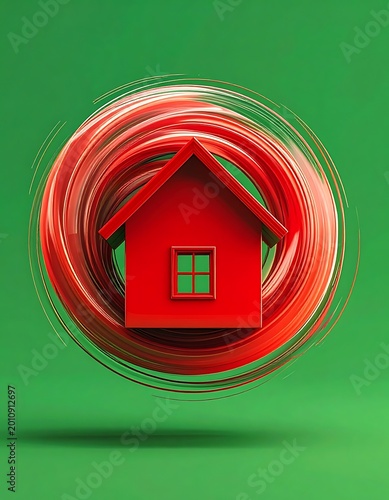 Red house in green swirling circle.